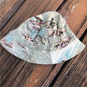 Hawaiian Luau Floral Hat Pool Sunhat Bucket Palm Tree Ocean Cotton Vintage 90s